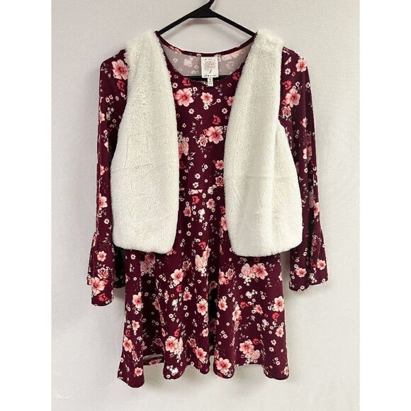 Self ❤️ Esteem Girls Bell Sleeve Dress with Attached Vest Red Floral Size M/10 - Picture 1 of 3